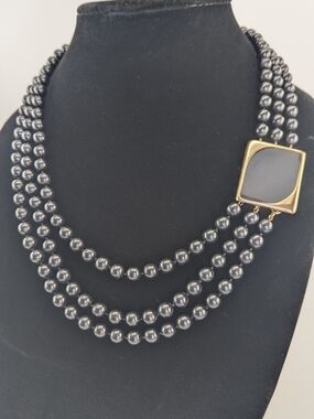 Vintage Signed Multi Strand Black Bead Michele Lynn Necklace
